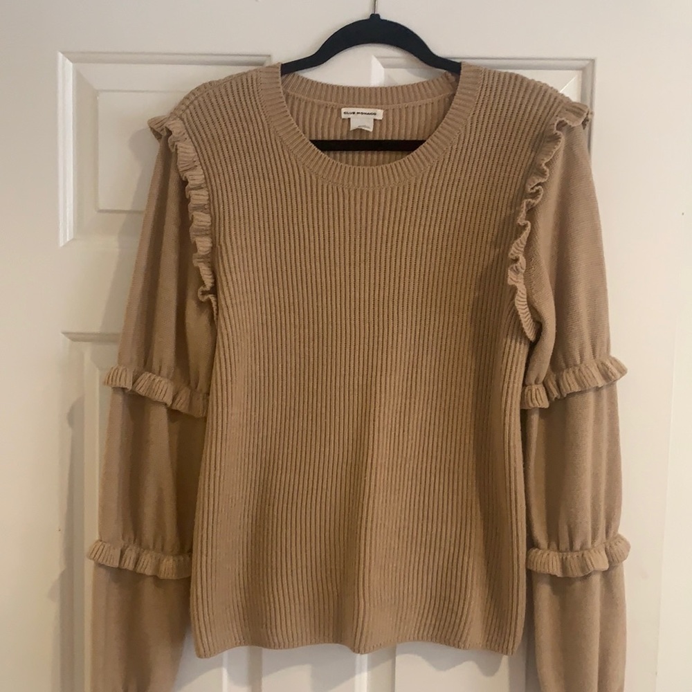 Club Monaco Tan Ruffle Sweater. Very soft and cute.